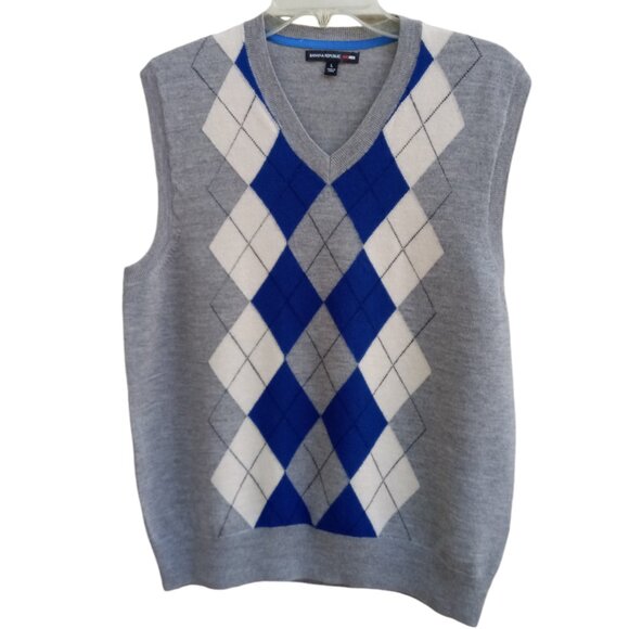 Banana Republic Madmen Argyle gray merino wool sweater vest sz L - Picture 1 of 9